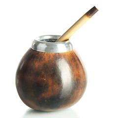 Calabash and bombilla with yerba mate isolated on white
