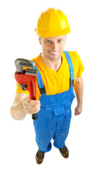 Portrait of young builder isolated on white