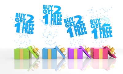 birthday present boxes with buy two get one free symbol