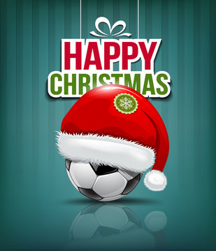Merry Christmas, Santa hat on soccer ball background