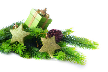 Fototapeta na wymiar Christmas decorative stars on fir tree, isolated on white