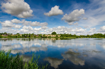 Fototapeta na wymiar Amazing lake vista with blue sky and clouds