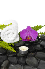 Obraz na płótnie Canvas White candle with green fern ,towel, orchid on pebbles