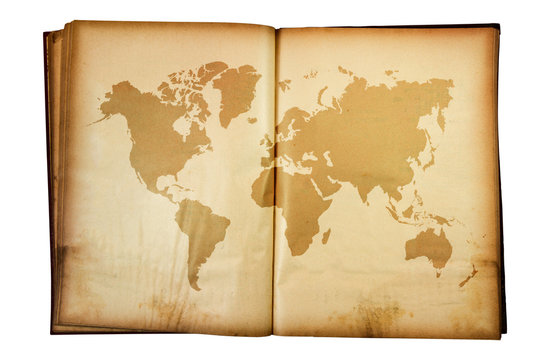 vintage map of the world on Old book isolated on white backgroun