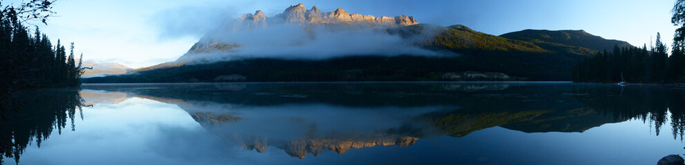 Panoramic Image Of Lucerne Peak Lit by the Rising Sun Reflected