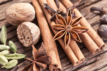 Spices on a old wooden table.