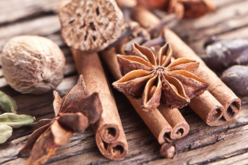 Spices on a old wooden table.