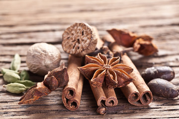 Spices on a old wooden table.