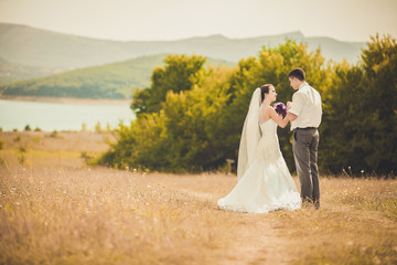 wedding couple portrait on meadow, summer nature outdoor