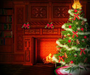 Fototapeta na wymiar Christmas Fireplace Interior Backdrop