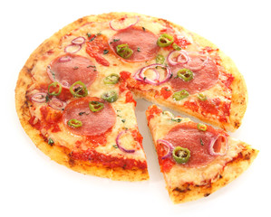 Pizza topped with cheese, salami and chili pepper