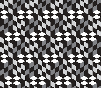 Black and White Cubes Optical Illustion Vector Seamless Pattern