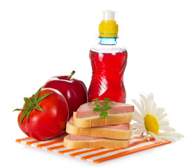 Sandwiches, tomato, red apple and bottle