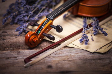 Vintage composition with violin and lavender