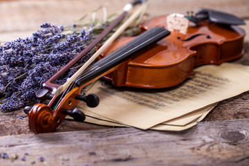 Vintage composition with violin and lavender