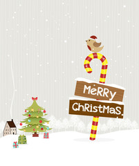 Christmas Card with the bird standing on a candy, Season's Greet