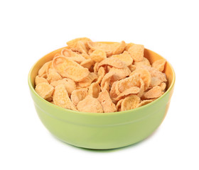 Bowl of sugar-coated corn flakes.