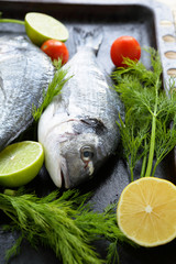 raw sea bream on a baking