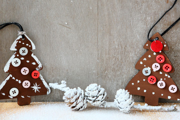 background with two wooden Christmas trees