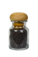Close-up of a container of mustard seeds