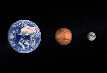 Planets Earth and Mars and Moon