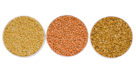 High angle view of three containers full of beans