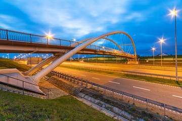 Architecture of highway viaduct at night in Gdansk, Poland