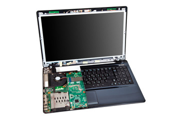 Laptop half disassembled. Repair service concept