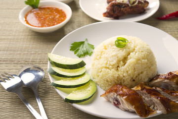 chicken rice. Asian style hainan chicken rice closeup