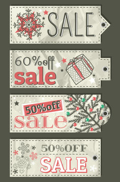 crumple christmas labels with sale offer, vector