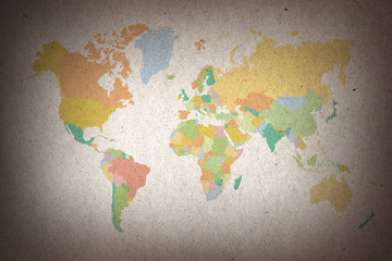 colorful world map on brown paper background