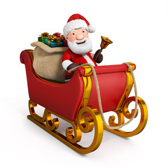3d cartoon santa claus in sleigh with sack