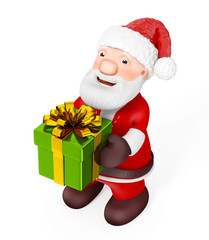 3D Santa Claus with gift on white background