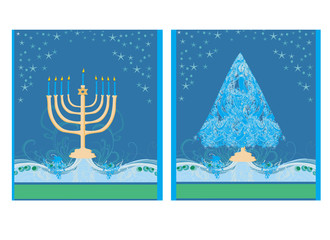 Pair of Happy Holidays! cards with Christmas tree and Channuka c