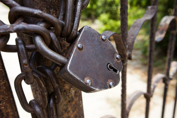Close-up of a lock on a gate, Shravasti, Uttar Pradesh, India