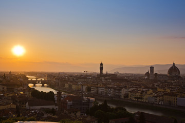 Palazzo Vecchio and Duomo Santa Maria Del Fiore at dusk, Florence, Tuscany, Italy