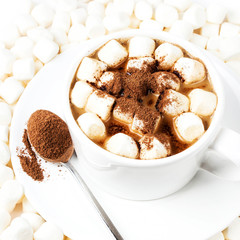 Cup of hot cocoa with chocolate and marchmallows on white backgr