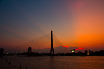 Rama VIII bridge in the sunset, Bangkok of Thailand