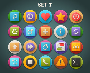 Round Bright Icons with Long Shadow Set 7
