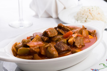 Beef Stew Served with Side White Rice Pilaf