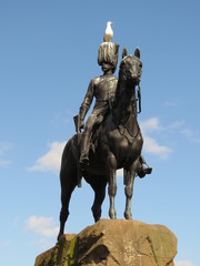Fototapeta na wymiar Edimbourg - Statue cavalier écossais guerre des Boers et mouette