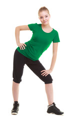 young sporty girl doing stretching exercise isolated