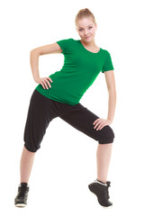 young sporty girl doing stretching exercise isolated