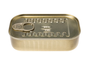 Canned fish in a tin can. On a white background, close-up.