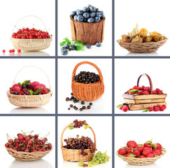 Collage of berries in wicker basket