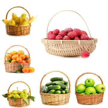 Collage of fruits and vegetables in wicker basket isolated