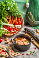 Freshly caught fish and vegetables for soup ingredients