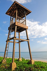 Close up lifeguard tower on the beach near the sea
