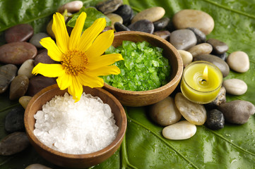 Obraz na płótnie Canvas spa supplies with flower . salt in bowl ,stones,candle