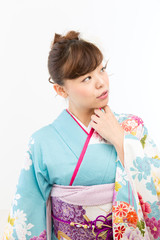 Beautiful asian kimono woman on white background